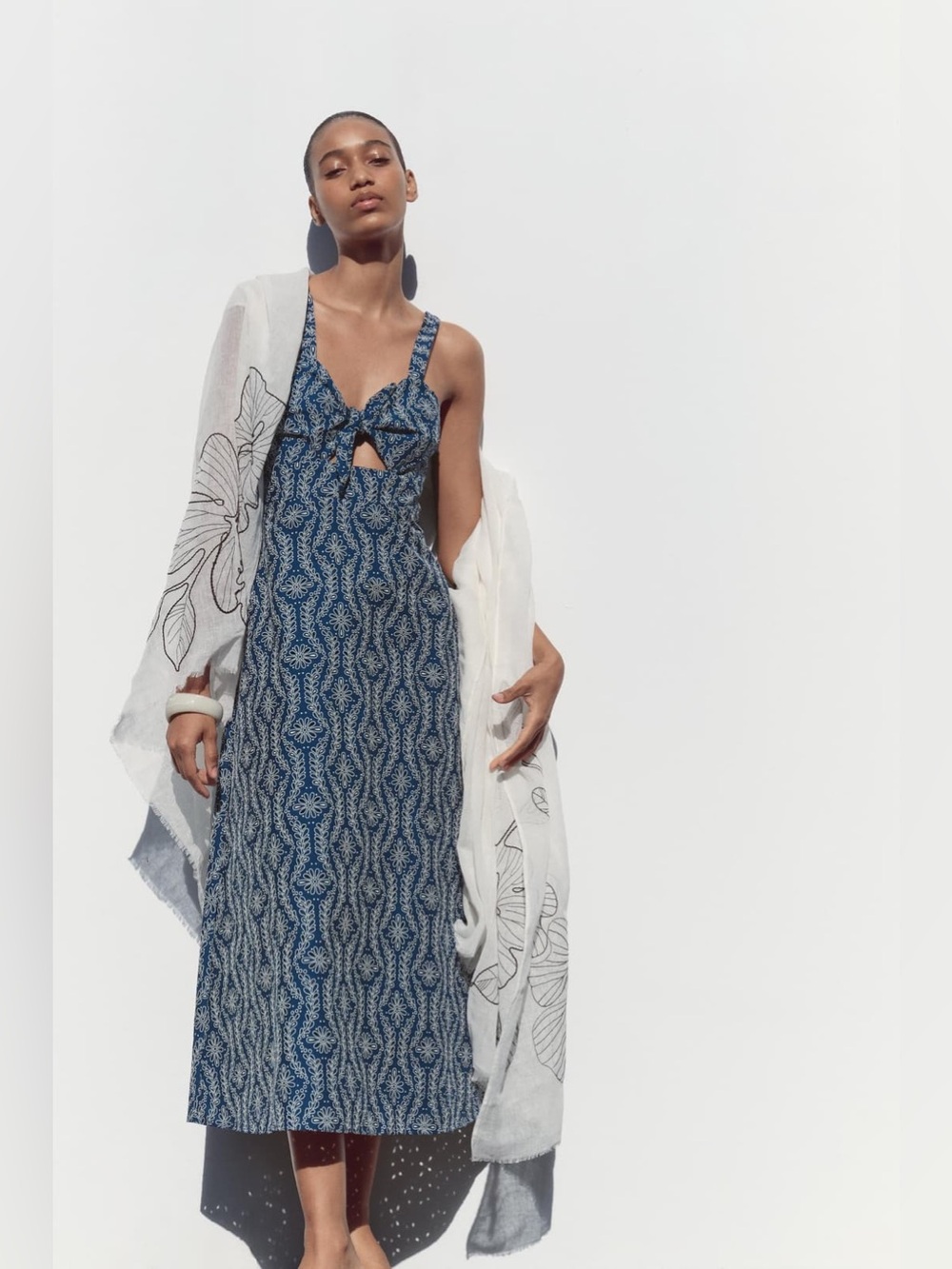 ZARA Blue Rubberized Eyelet Ling Dress with Front Cutout and bow. NWT S